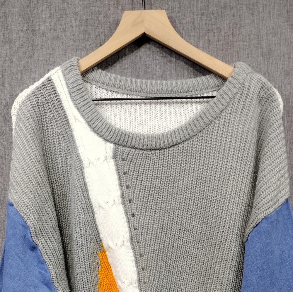 Womens Denim Patchwork Cable Knit Sweater Size XXL Bobo Retro Y2K 90s Streetwear - Picture 3 of 7